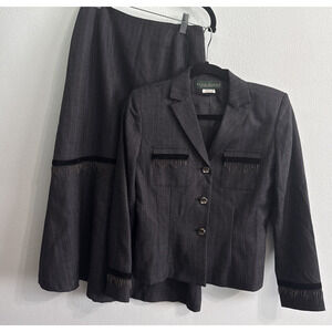 VTG 80s Harve Benard Wool 2 PC Skirt Suit Lined Pinstripe rhinestone fringe Sz 4